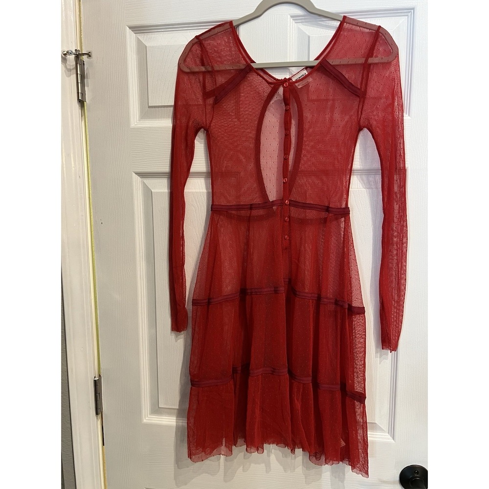 Intimately Free People Red Sheer Mesh Tiered Mini Dress XS Button Front Boho